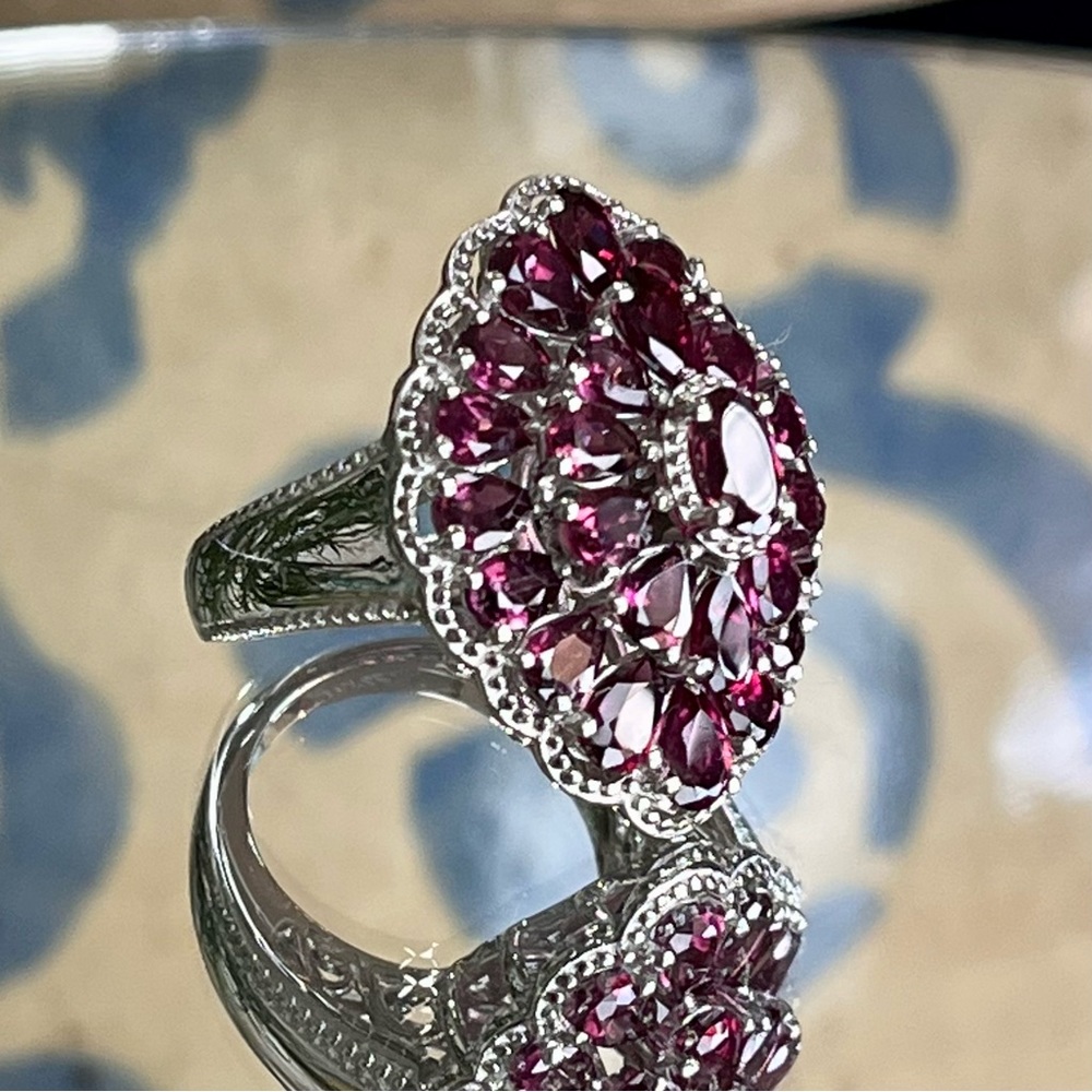 🌹Exquisite🌹 Red Garnet Cocktail Ring In Sterling Silver Size 5 - Picture 5 of 11